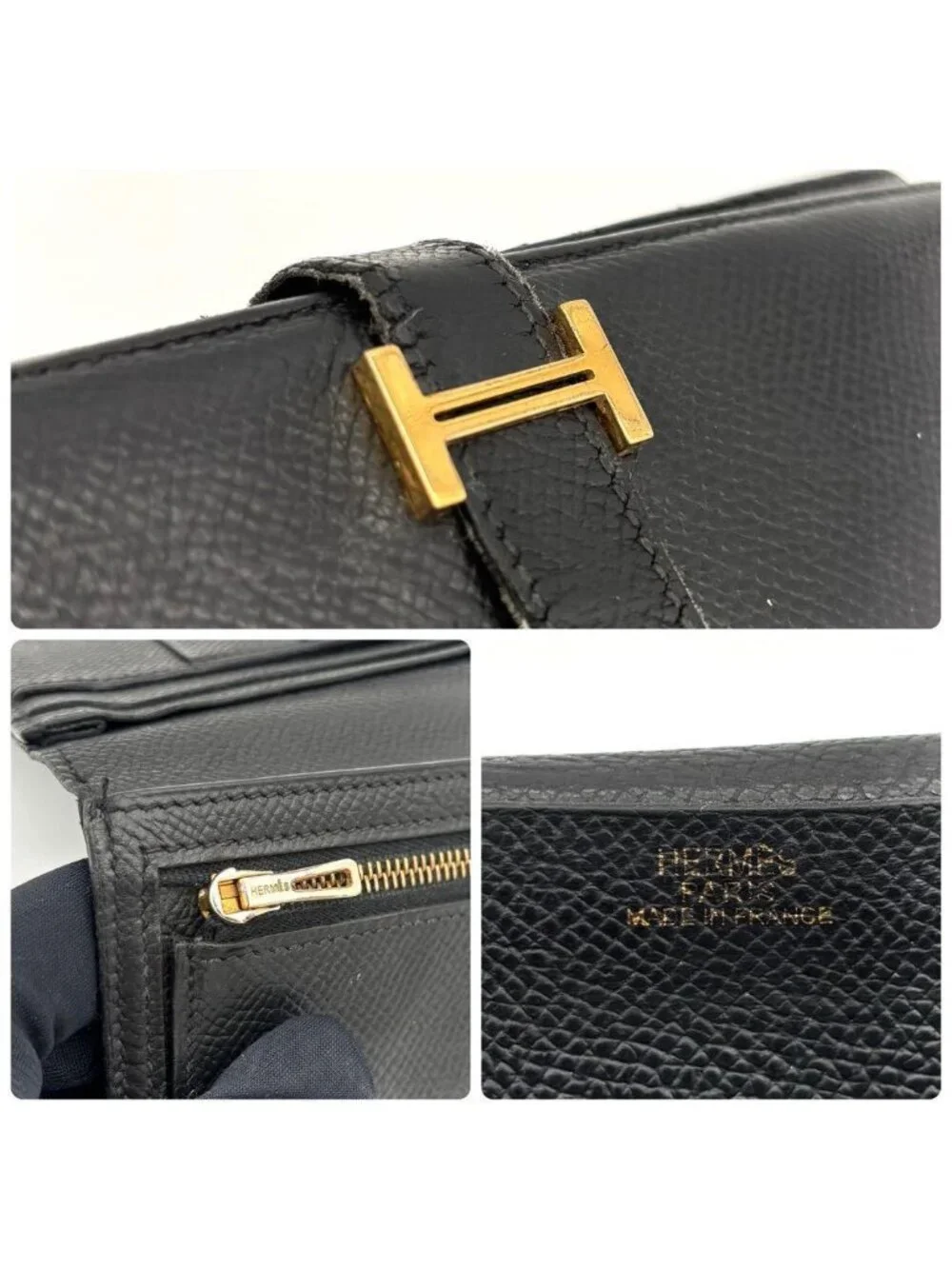 Hermes Bearn Souffle Bifold Wallet Epsom Black Gold